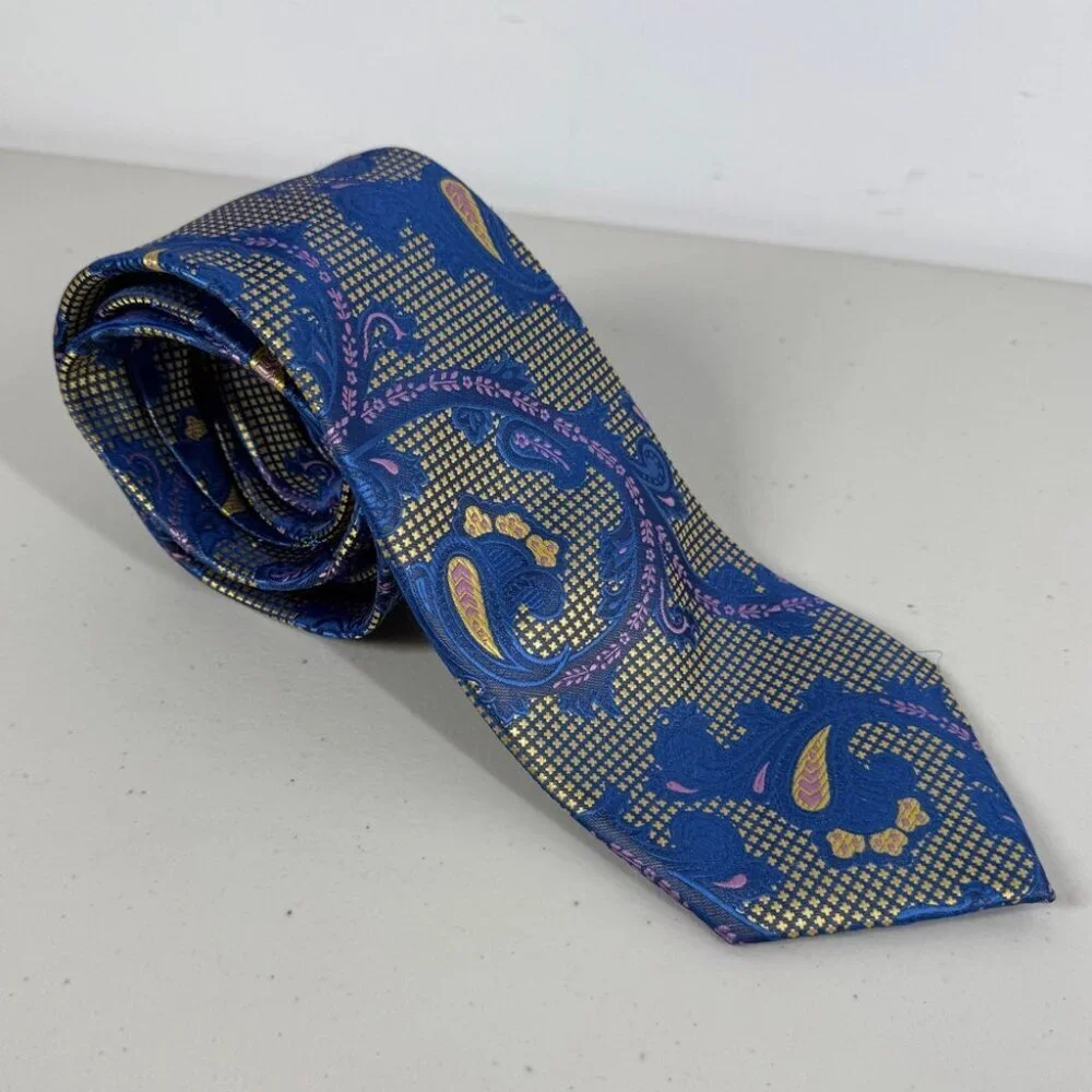 Imani Uomo Paisley Blue and Gold Men's Silk Tie Pattern Classic Designer Necktie